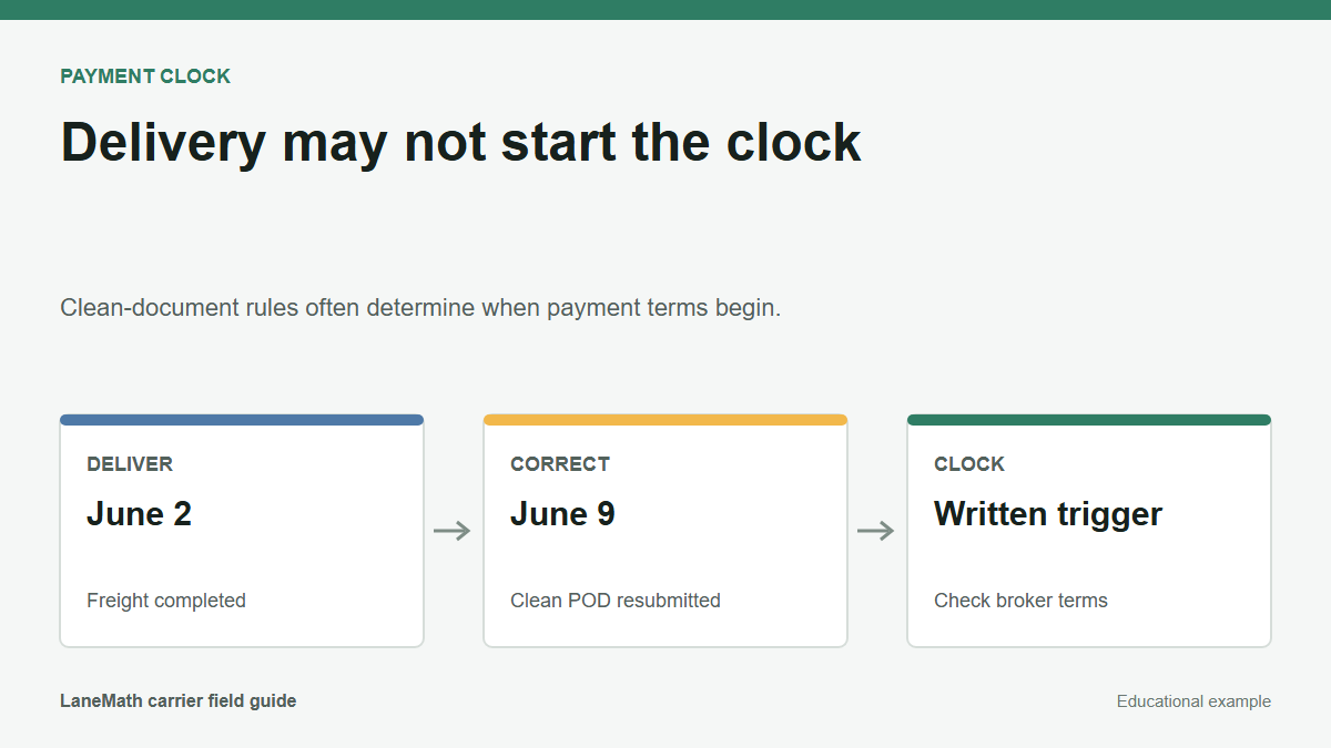 Payment timeline showing delivery, corrected paperwork, and the written payment-clock trigger