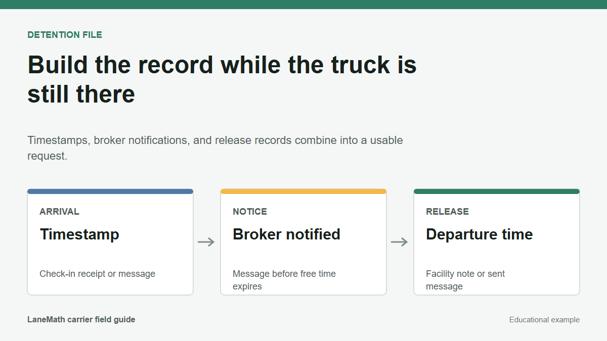 Detention file diagram showing arrival timestamp, broker notification, and departure record