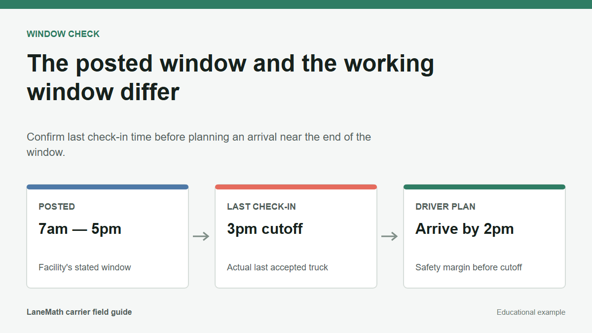 Window verification diagram comparing posted window against actual facility last check-in time