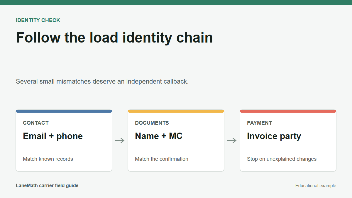 Broker identity chain diagram comparing contact, documents, and payment party