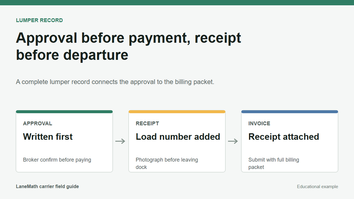 Lumper documentation flow from written approval through receipt collection to invoice submission
