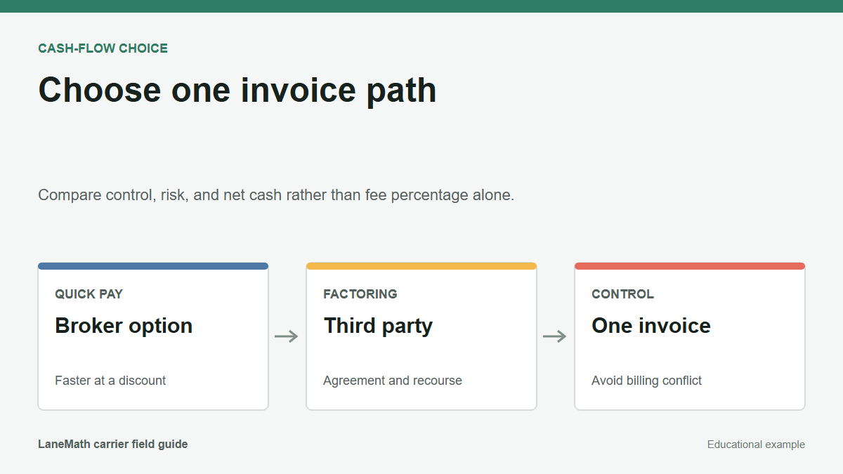 Comparison diagram for broker quick pay, third-party factoring, and invoice control