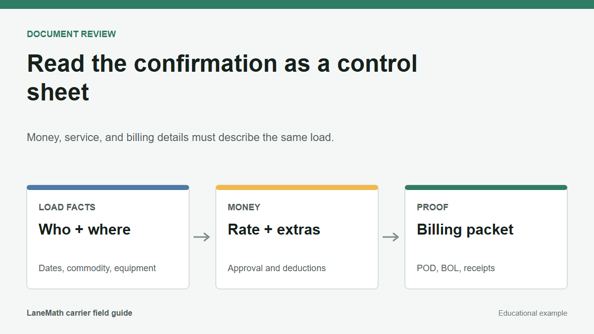 Rate confirmation review diagram covering load facts, money, and billing proof
