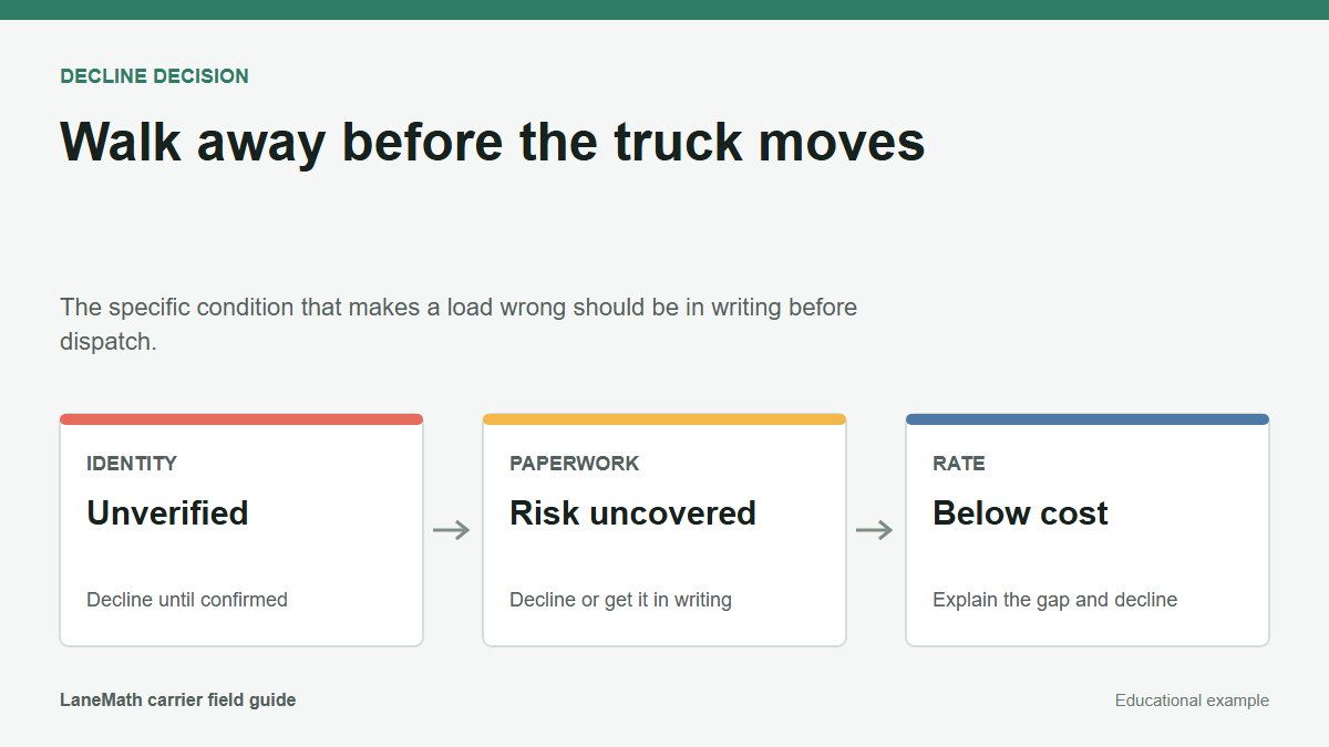 Load decline decision diagram covering unverified identity, uncovered risk, and below-cost rate